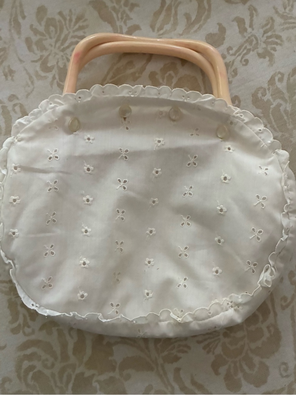 Bermuda Bag Cream White Lucite Handle White Eyelet Cover 1970s Vintage